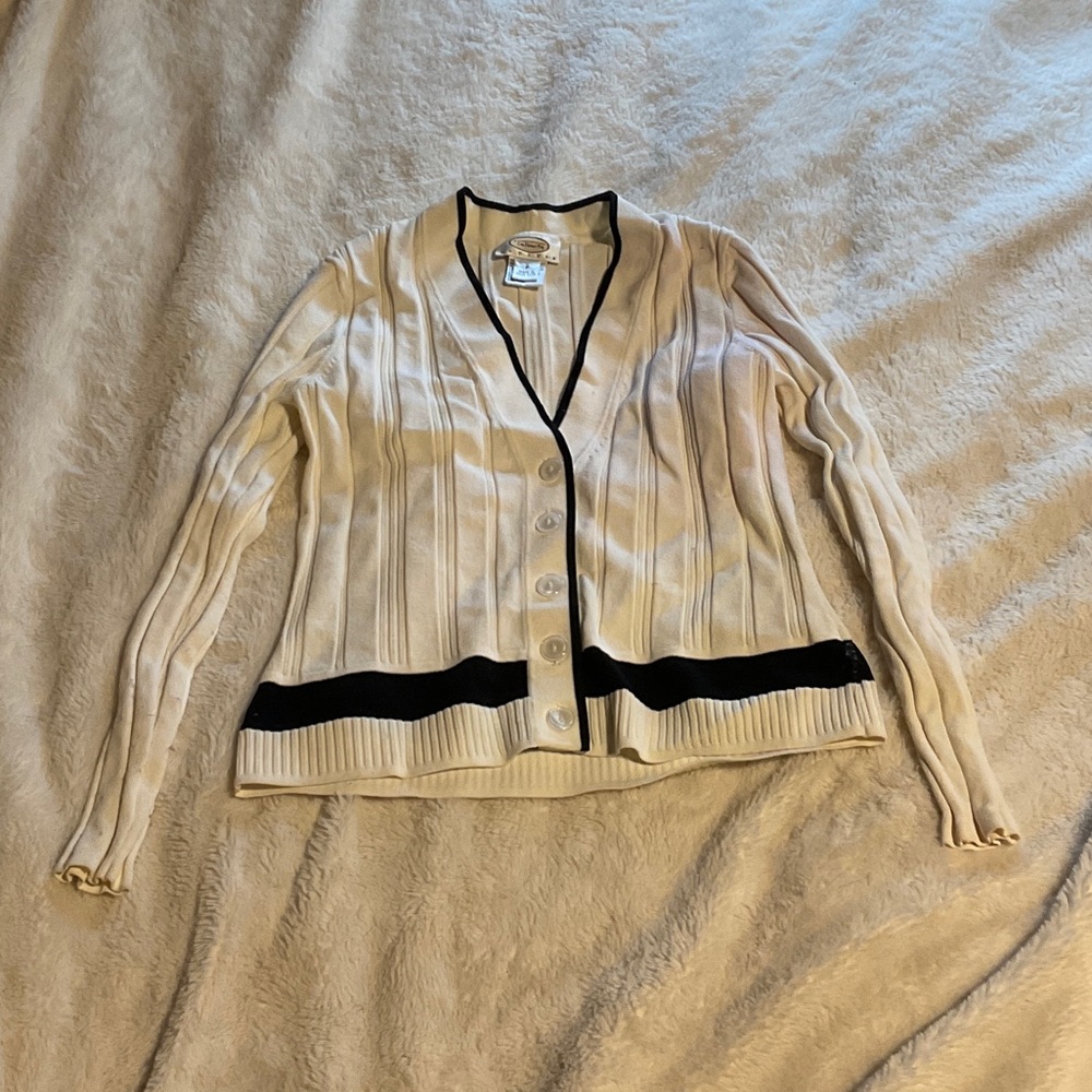 Talbots Cream Button-Front Ribbed Cardigan with Black Trim